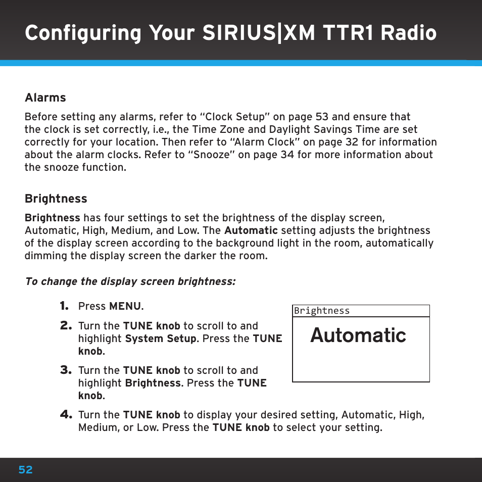 Configuring your sirius|xm ttr1 radio, Automatic | Sony TTR1 User Manual | Page 52 / 88