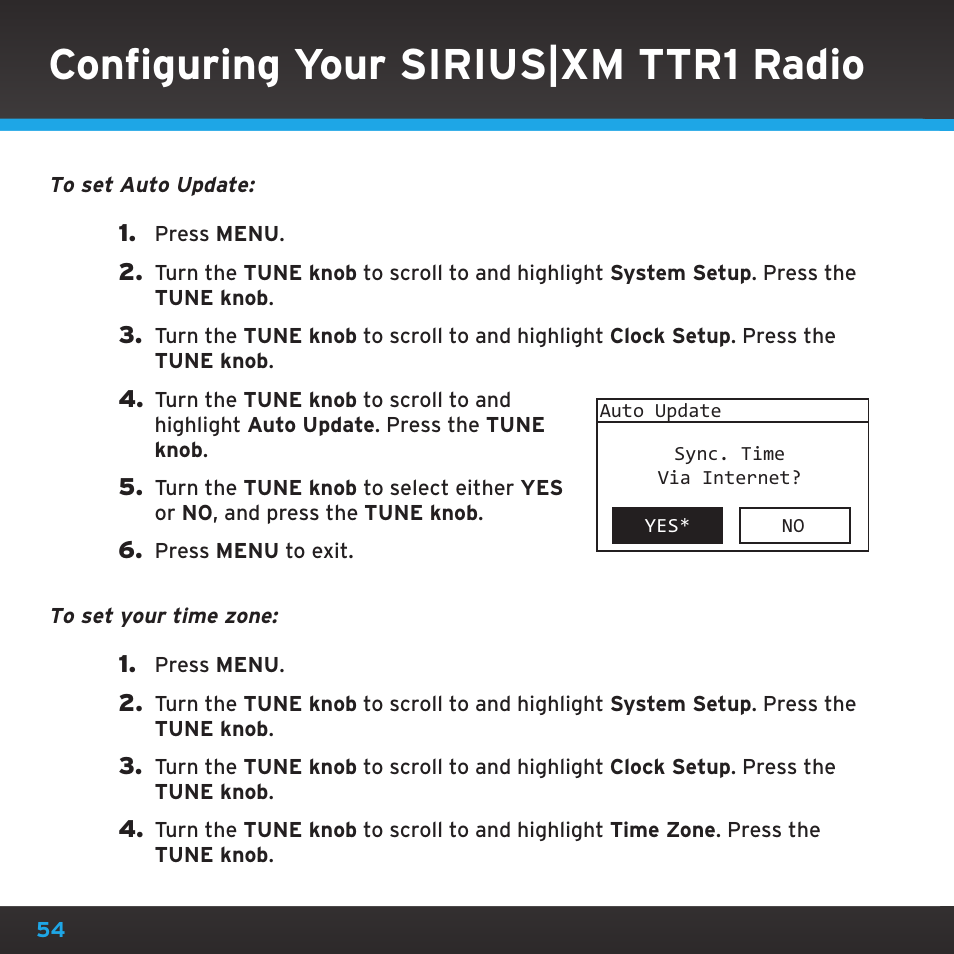 Configuring your sirius|xm ttr1 radio | Sony TTR1 User Manual | Page 54 / 88