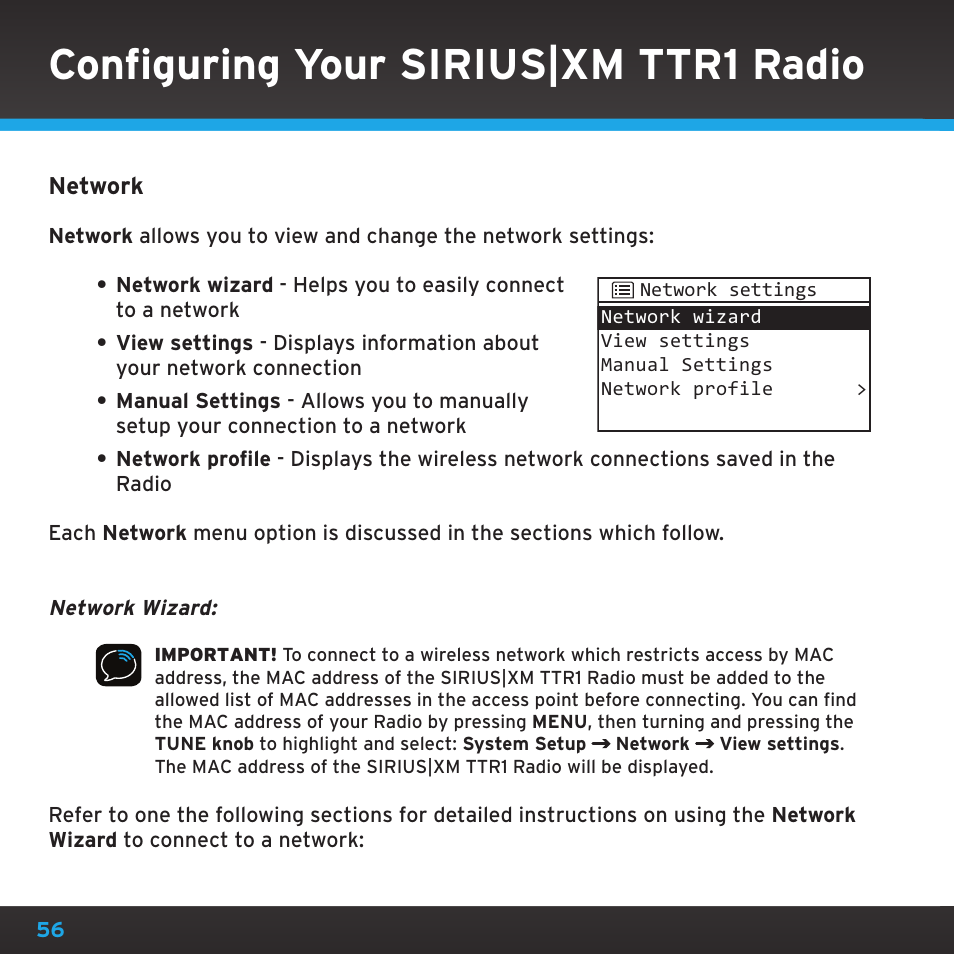 Configuring your sirius|xm ttr1 radio | Sony TTR1 User Manual | Page 56 / 88