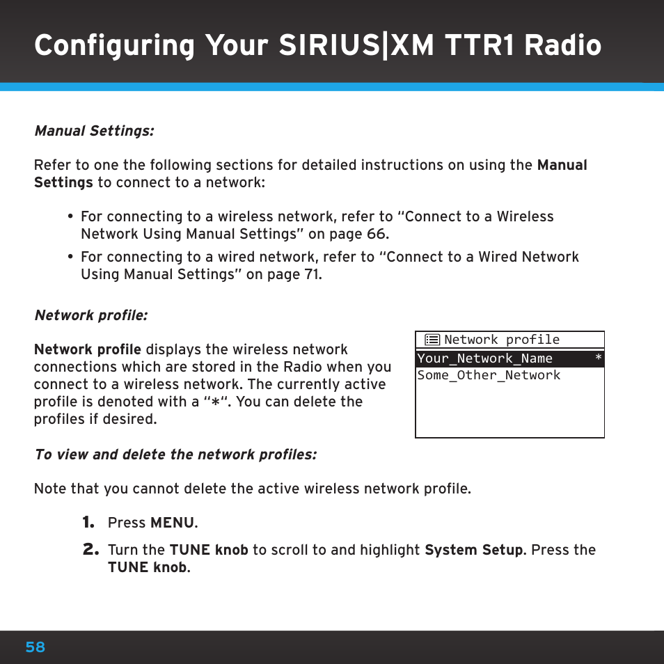 Configuring your sirius|xm ttr1 radio | Sony TTR1 User Manual | Page 58 / 88