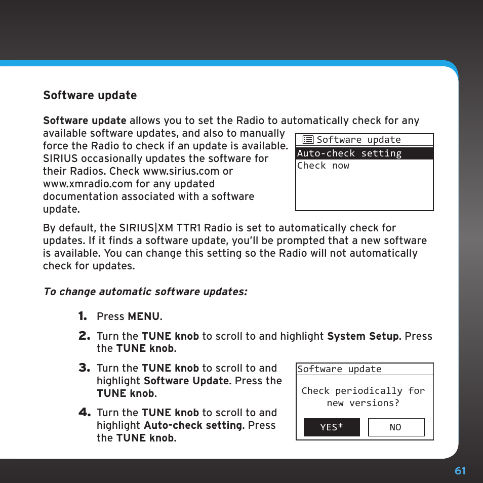 Configuring your sirius|xm ttr1 radio | Sony TTR1 User Manual | Page 61 / 88