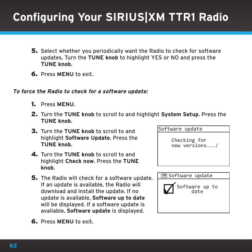 Configuring your sirius|xm ttr1 radio | Sony TTR1 User Manual | Page 62 / 88