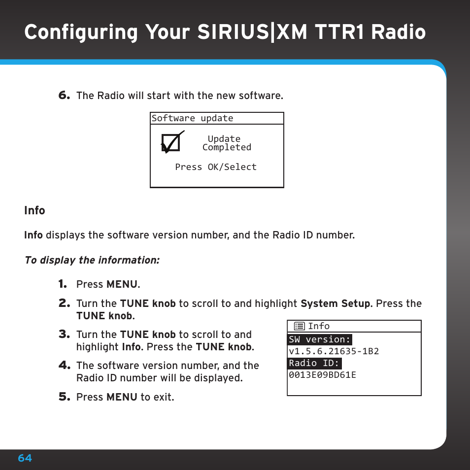 Configuring your sirius|xm ttr1 radio | Sony TTR1 User Manual | Page 64 / 88