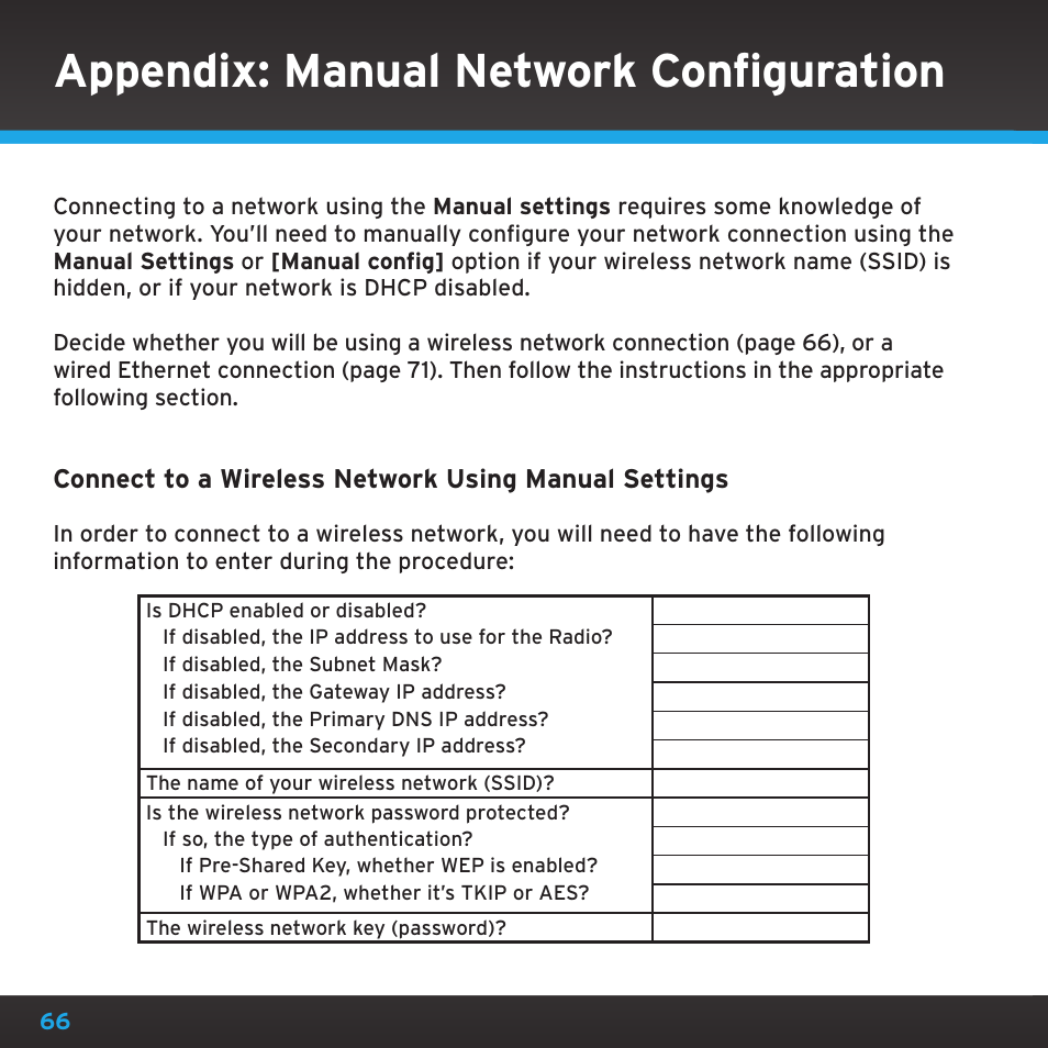 Appendix: manual network configuration | Sony TTR1 User Manual | Page 66 / 88