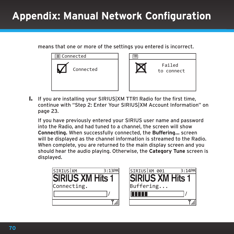 Appendix: manual network configuration, Sirius xm hits 1 | Sony TTR1 User Manual | Page 70 / 88