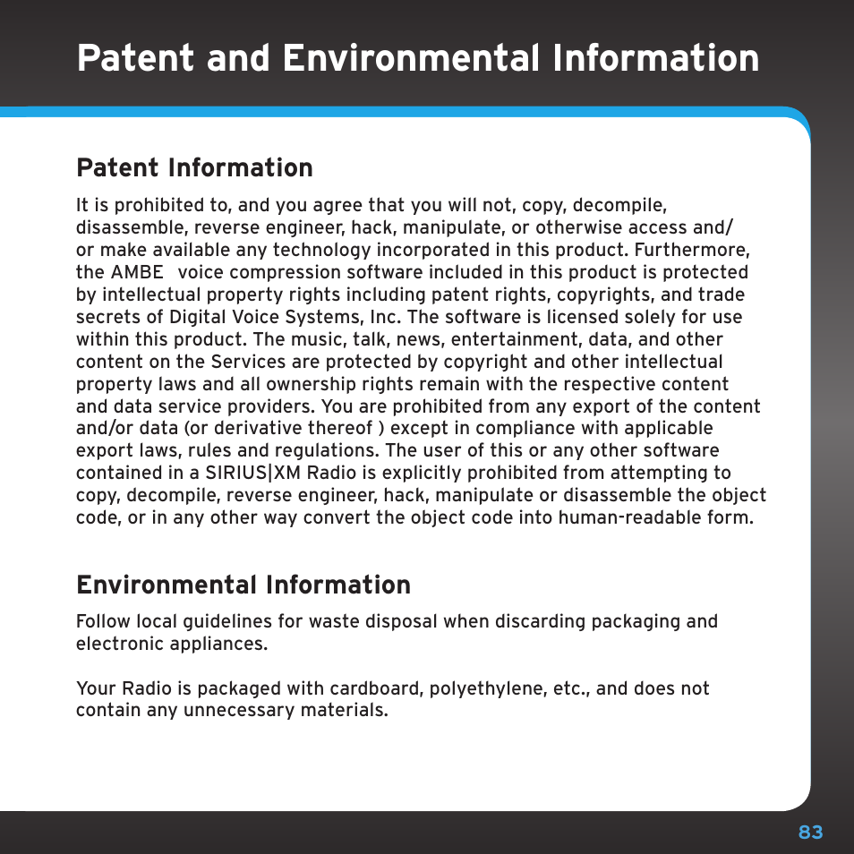 Patent and environmental information, Patent information, Environmental information | Sony TTR1 User Manual | Page 83 / 88