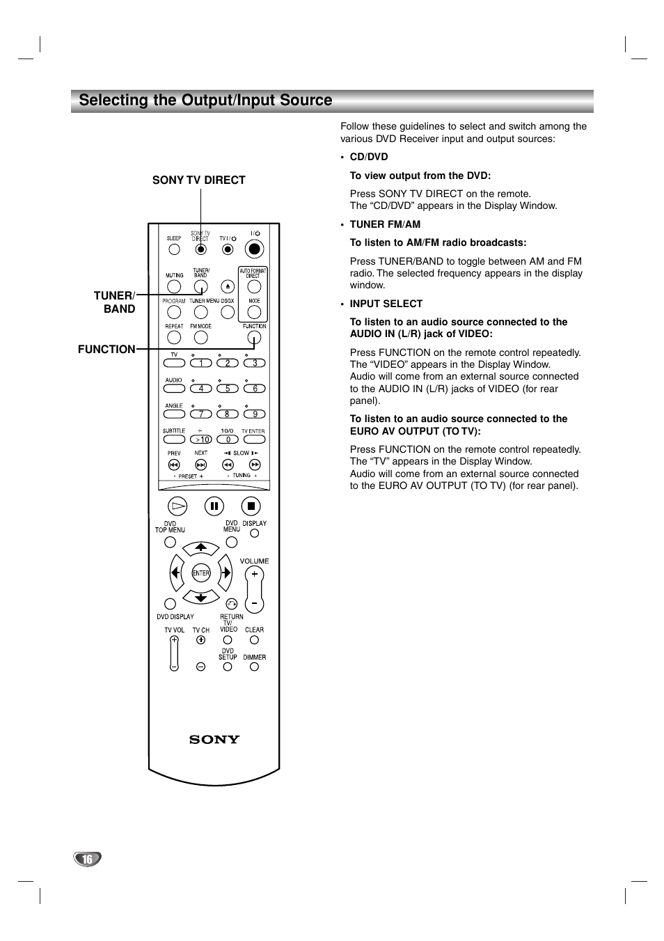 Selecting the output/input source | Sony DAV-SB100 User Manual | Page 16 / 40