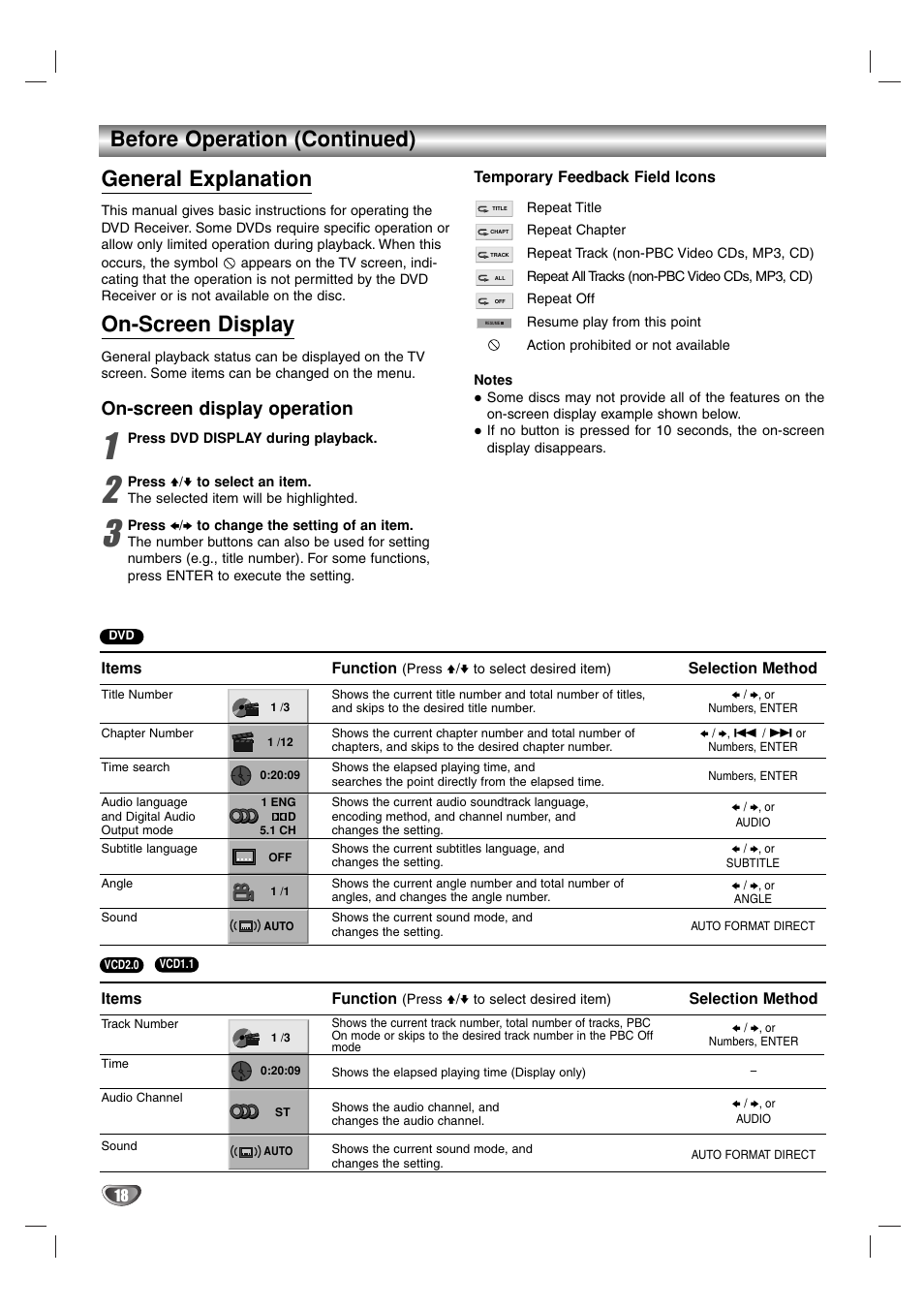 Before operation (continued) general explanation, On-screen display, On-screen display operation | Sony DAV-SB100 User Manual | Page 18 / 40