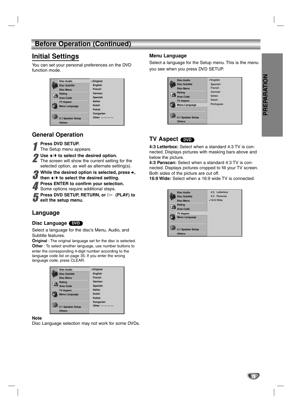 Before operation (continued) initial settings, Prep ara tion, General operation | Language, Tv aspect, Disc language, Menu language | Sony DAV-SB100 User Manual | Page 19 / 40