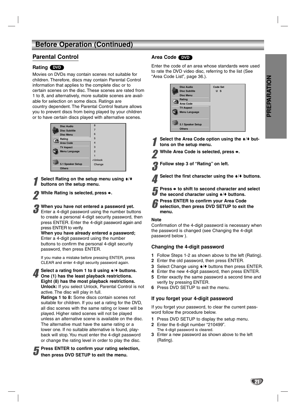 Before operation (continued), Prep ara tion, Parental control | Sony DAV-SB100 User Manual | Page 21 / 40