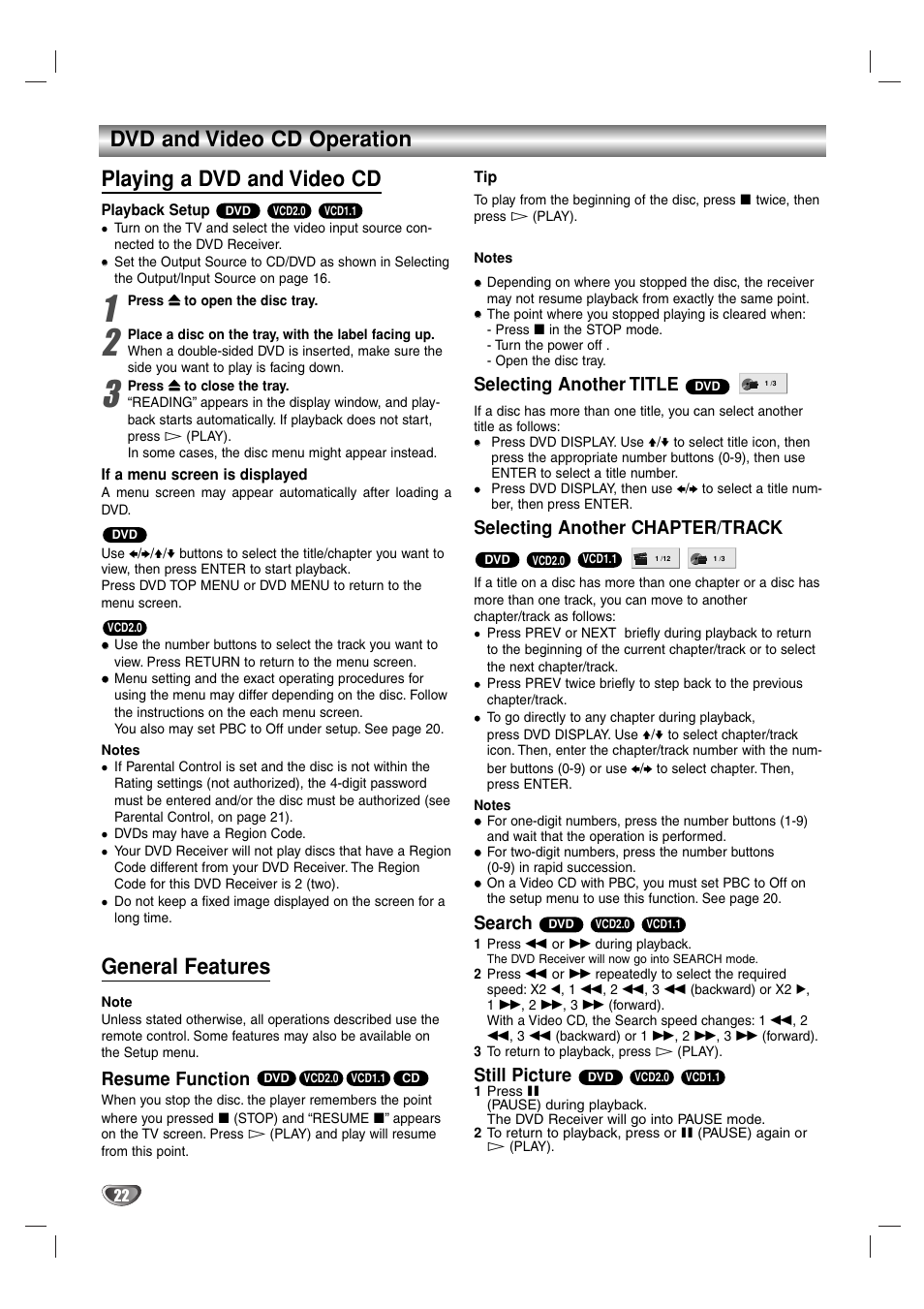 General features, Resume function, Selecting another title | Selecting another chapter/track, Search, Still picture | Sony DAV-SB100 User Manual | Page 22 / 40