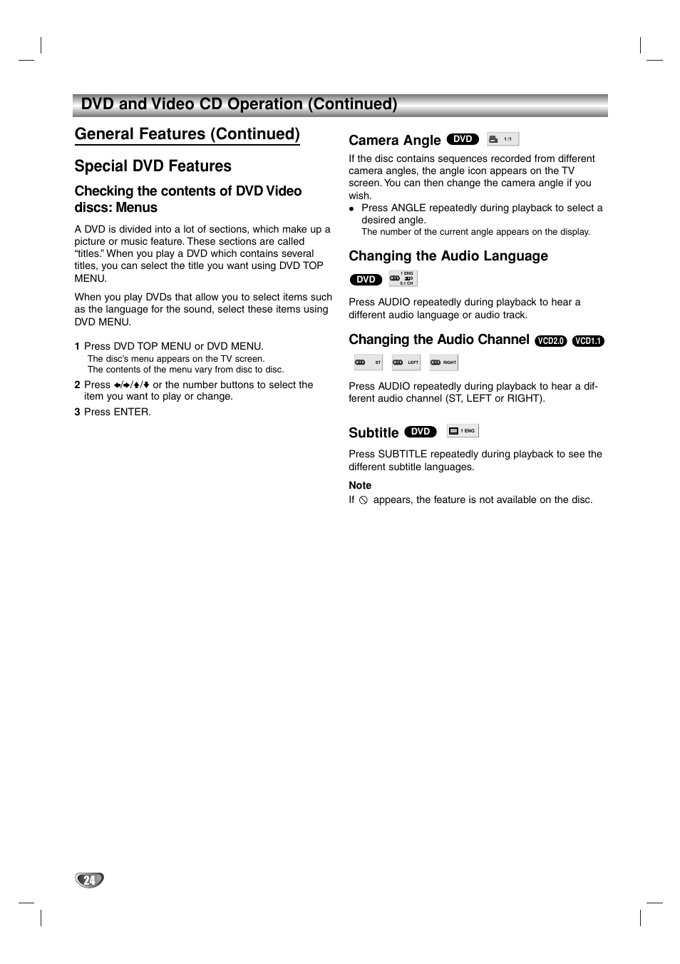 Checking the contents of dvd video discs: menus, Camera angle, Changing the audio language | Changing the audio channel, Subtitle | Sony DAV-SB100 User Manual | Page 24 / 40