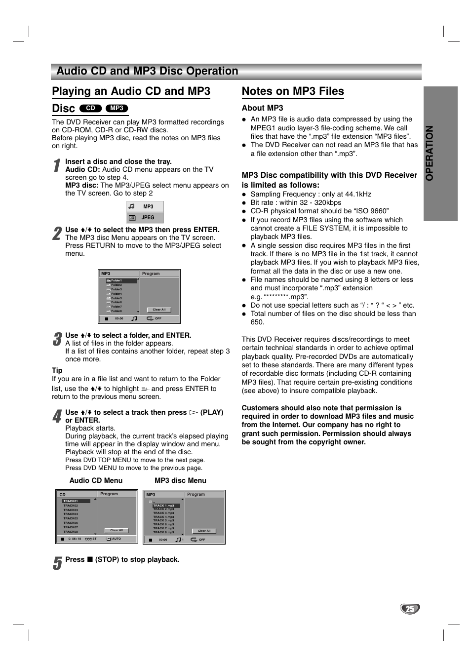 Opera tion, About mp3 | Sony DAV-SB100 User Manual | Page 25 / 40