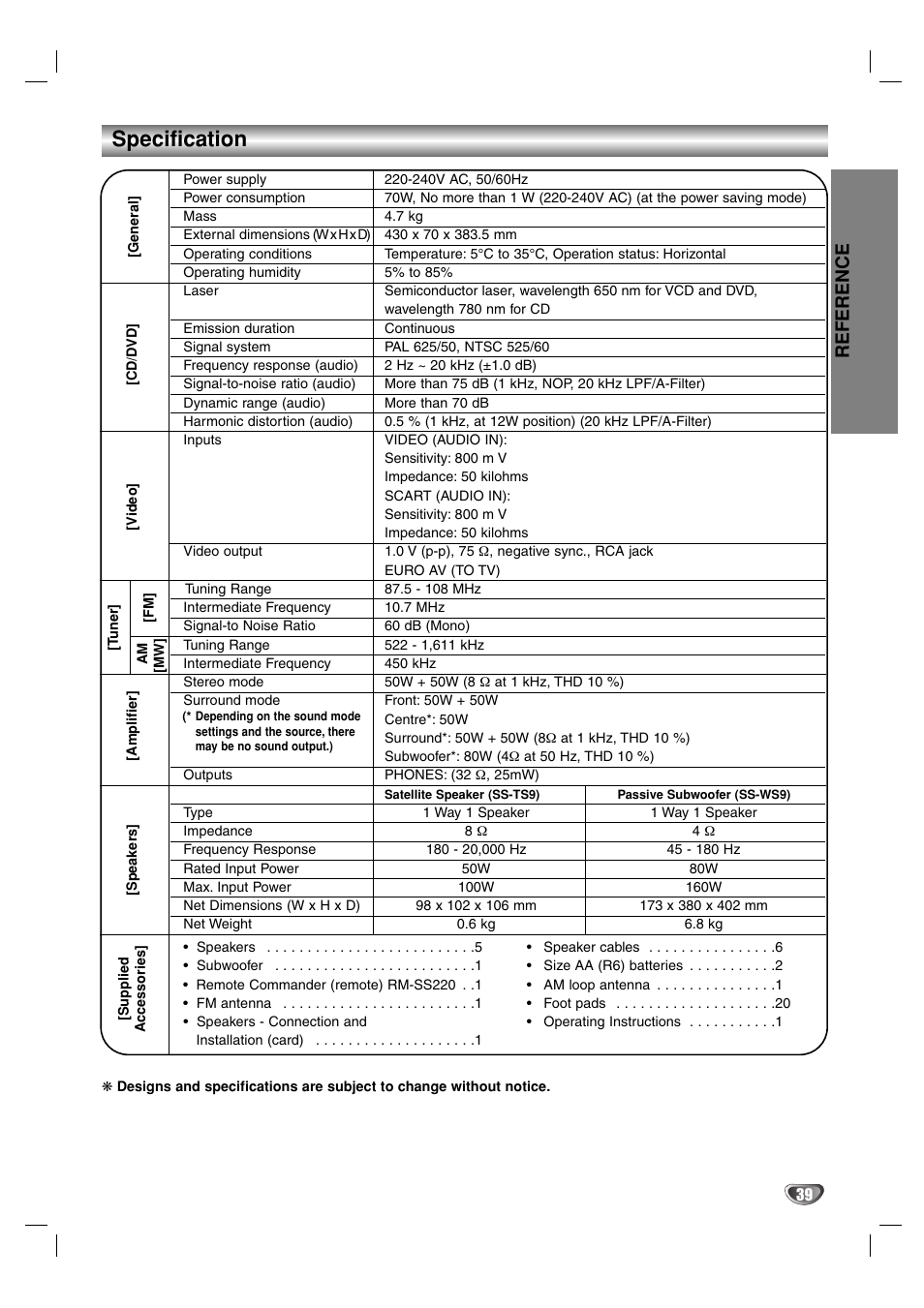 Specification, Reference | Sony DAV-SB100 User Manual | Page 39 / 40