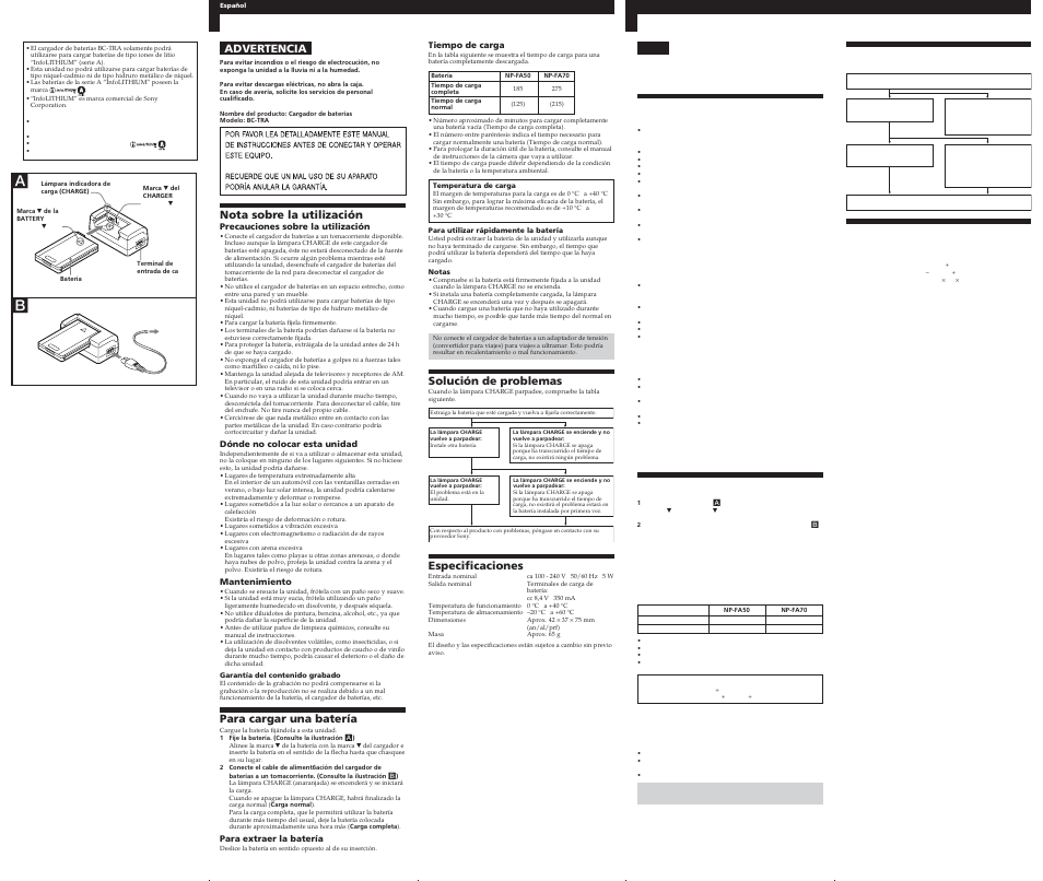 Advertencia, Nota sobre la utilización, Para cargar una batería | Solución de problemas, Especificaciones | Sony BC-TRA User Manual | Page 2 / 2