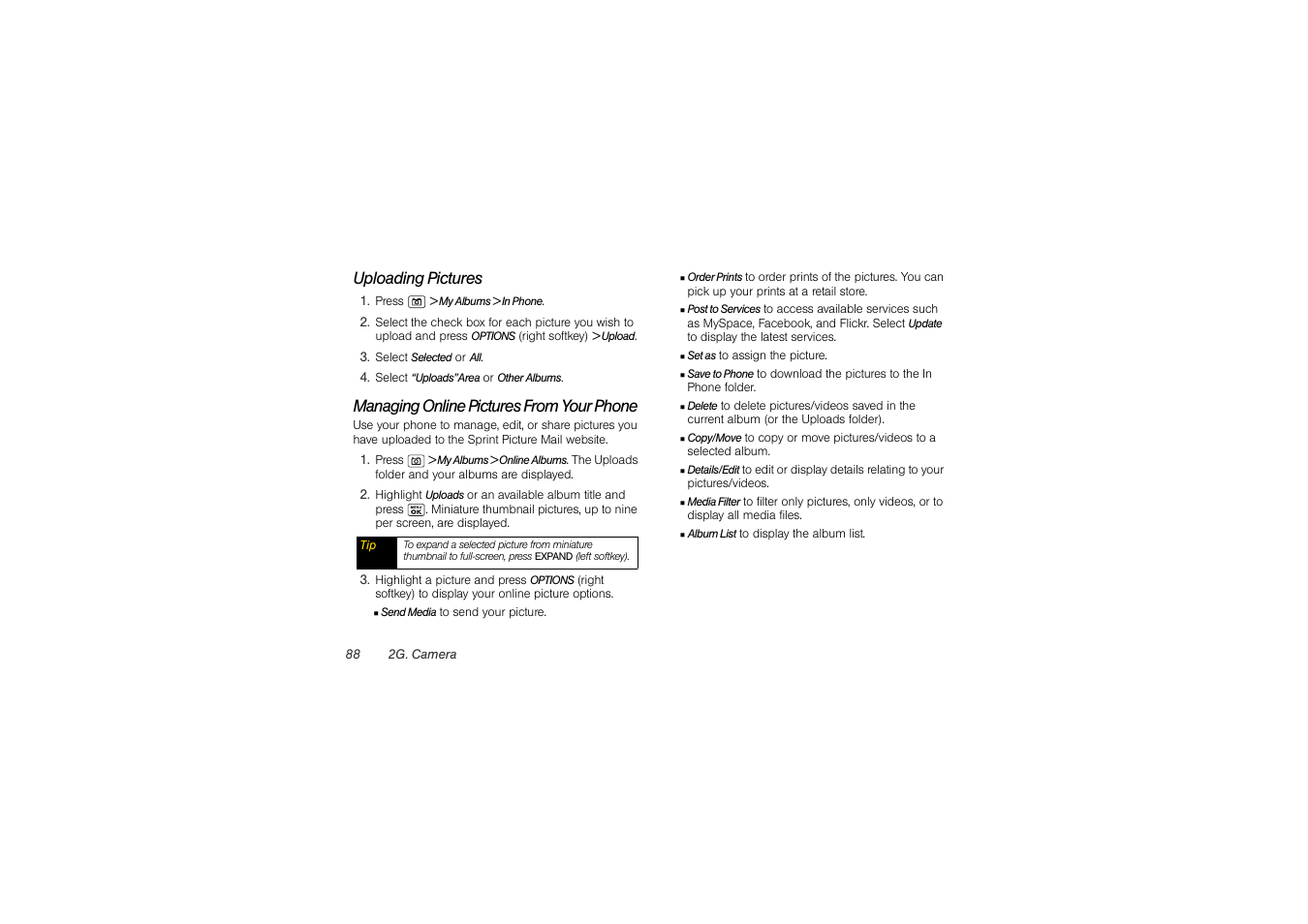Uploading pictures, Managing online pictures from your phone | Sony SCP-3810 User Manual | Page 100 / 160