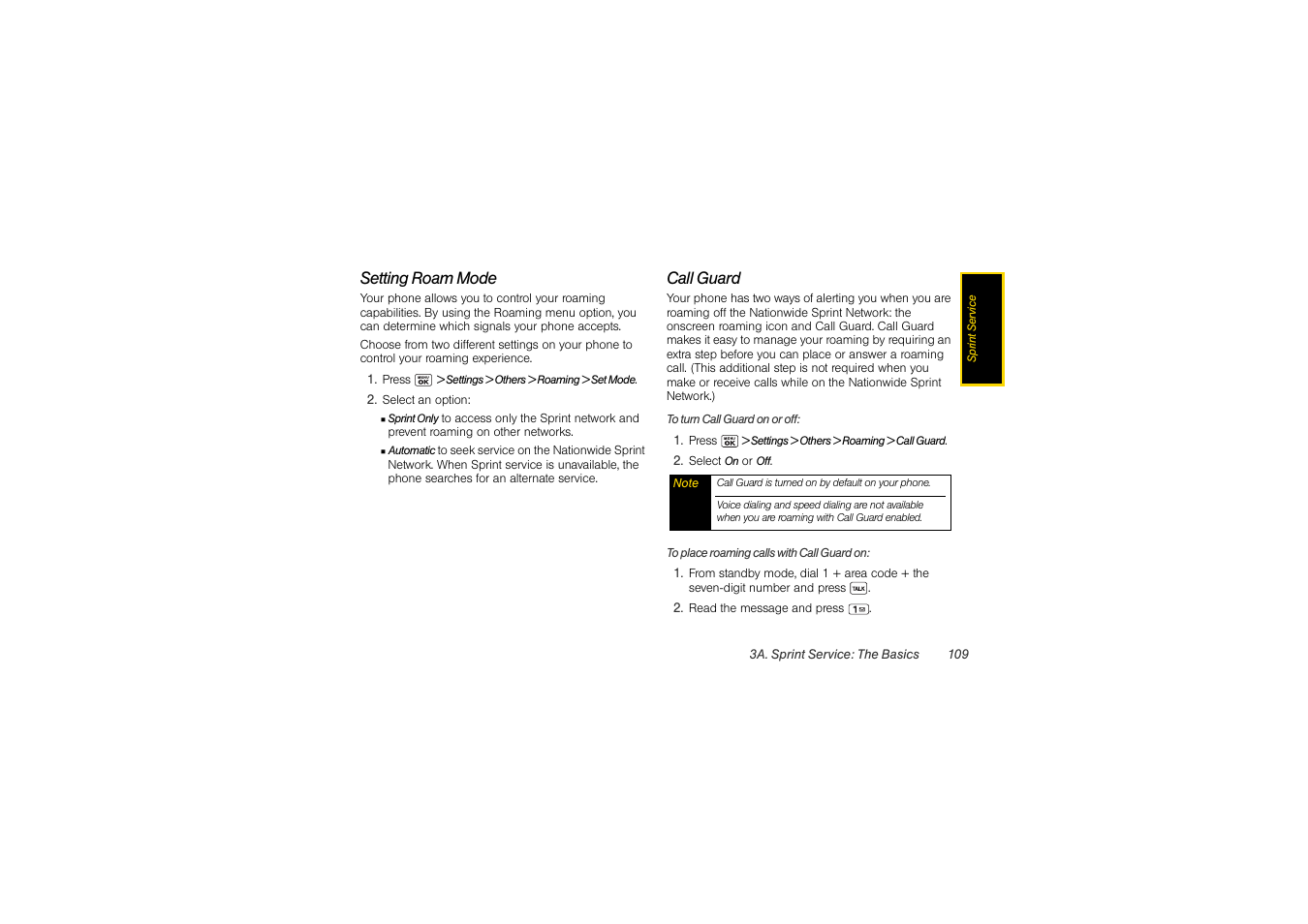 Setting roam mode, Call guard | Sony SCP-3810 User Manual | Page 121 / 160