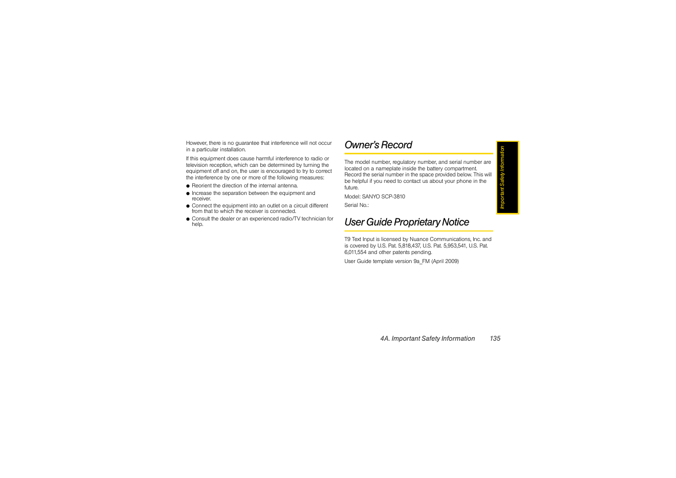 Owner’s record, User guide proprietary notice | Sony SCP-3810 User Manual | Page 147 / 160