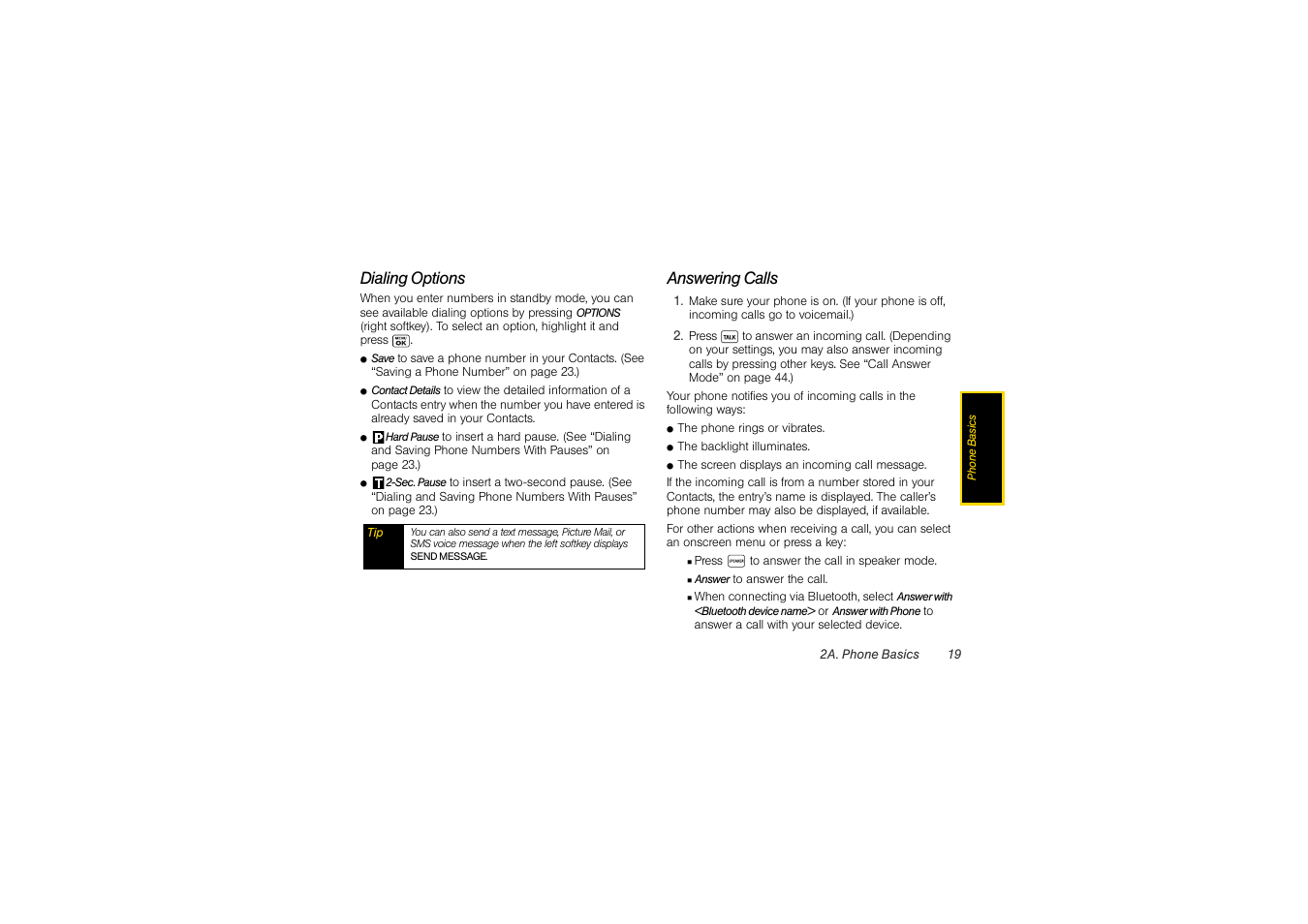 Dialing options, Answering calls | Sony SCP-3810 User Manual | Page 31 / 160