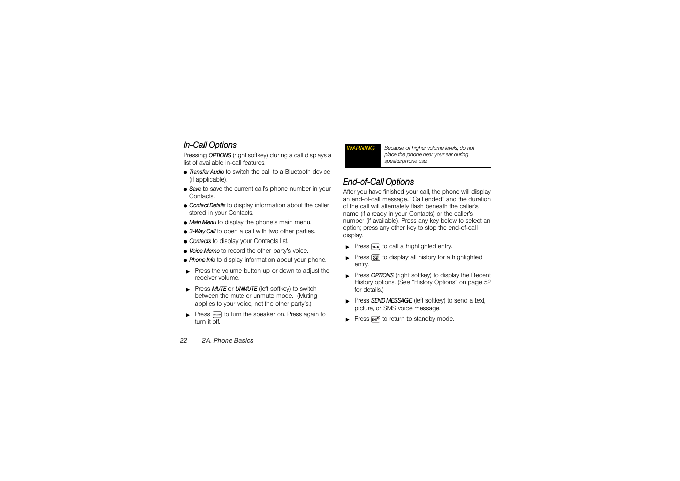 In-call options, End-of-call options | Sony SCP-3810 User Manual | Page 34 / 160