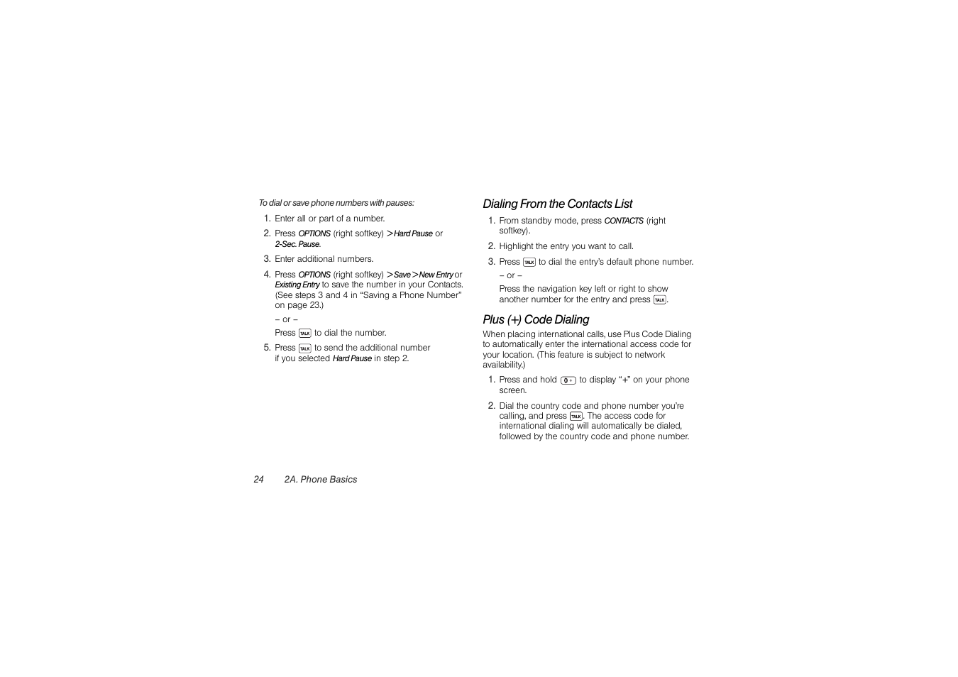 Dialing from the contacts list, Plus (+) code dialing | Sony SCP-3810 User Manual | Page 36 / 160