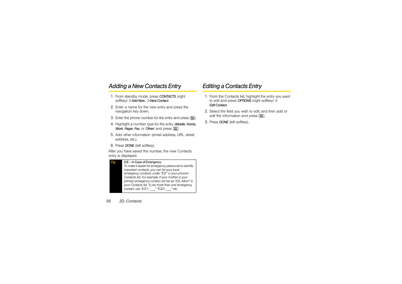 Adding a new contacts entry, Editing a contacts entry | Sony SCP-3810 User Manual | Page 68 / 160