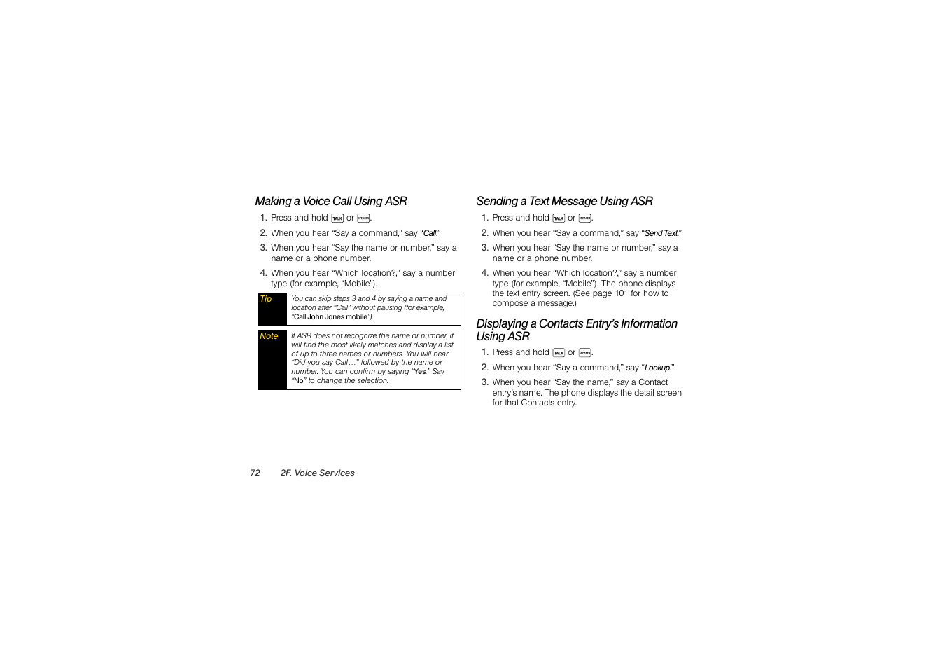 Making a voice call using asr, Sending a text message using asr | Sony SCP-3810 User Manual | Page 84 / 160