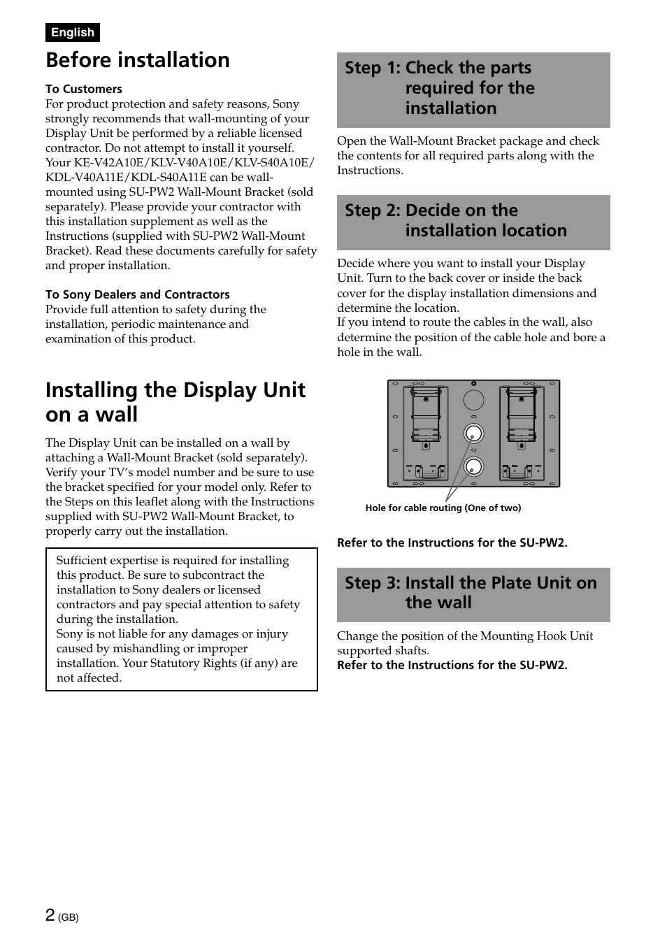 Before installation, Installing the display unit on a wall, Step 2: decide on the installation location | Step 3: install the plate unit on the wall | Sony SU-PW2 User Manual | Page 2 / 32