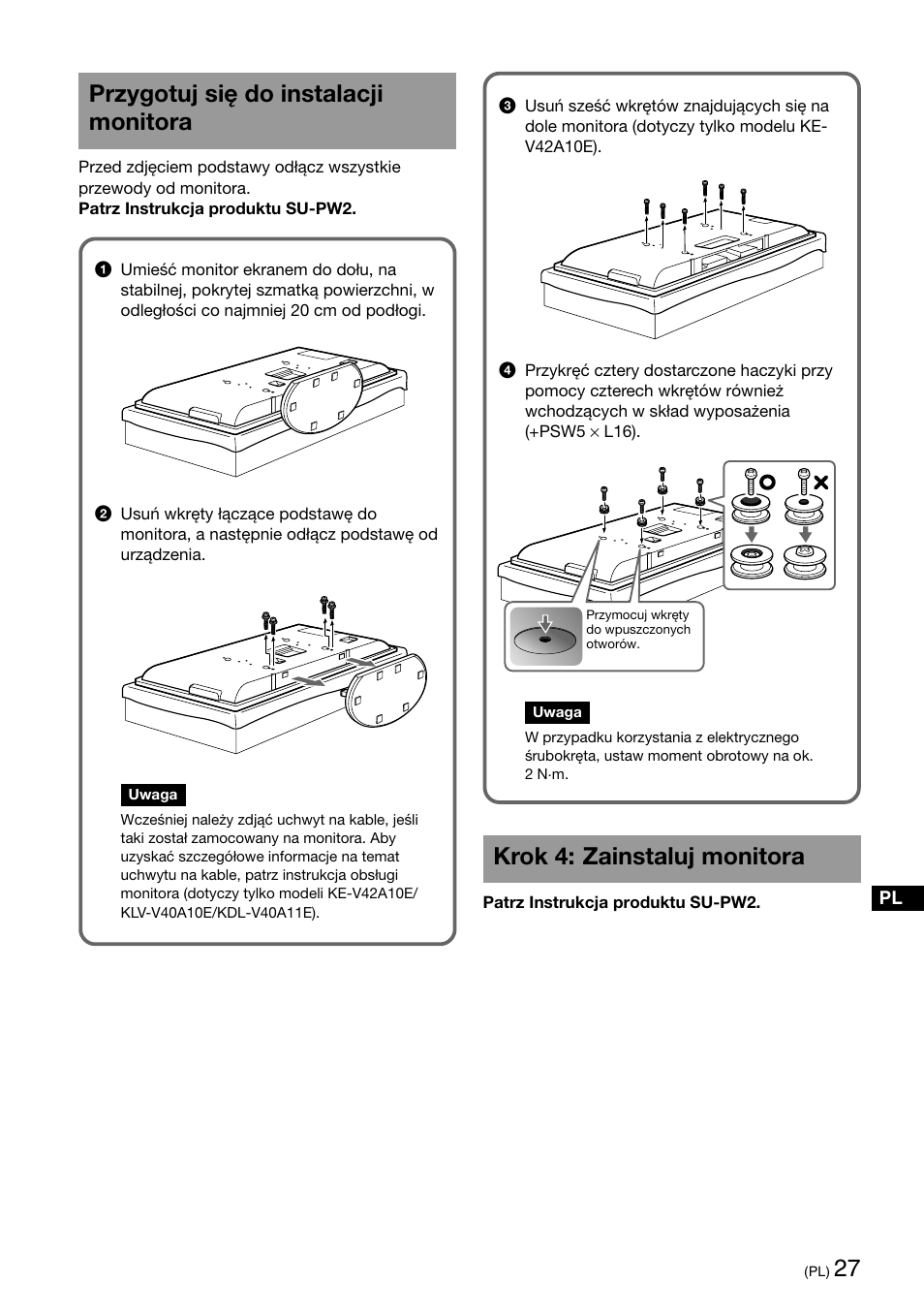 Krok 4: zainstaluj monitora, Przygotuj się do instalacji monitora | Sony SU-PW2 User Manual | Page 27 / 32