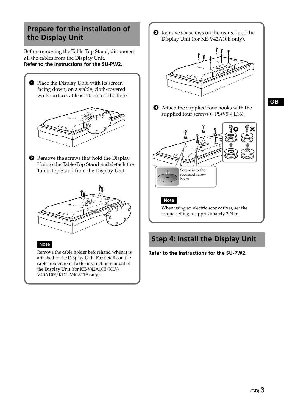 Step 4: install the display unit, Prepare for the installation of the display unit | Sony SU-PW2 User Manual | Page 3 / 32