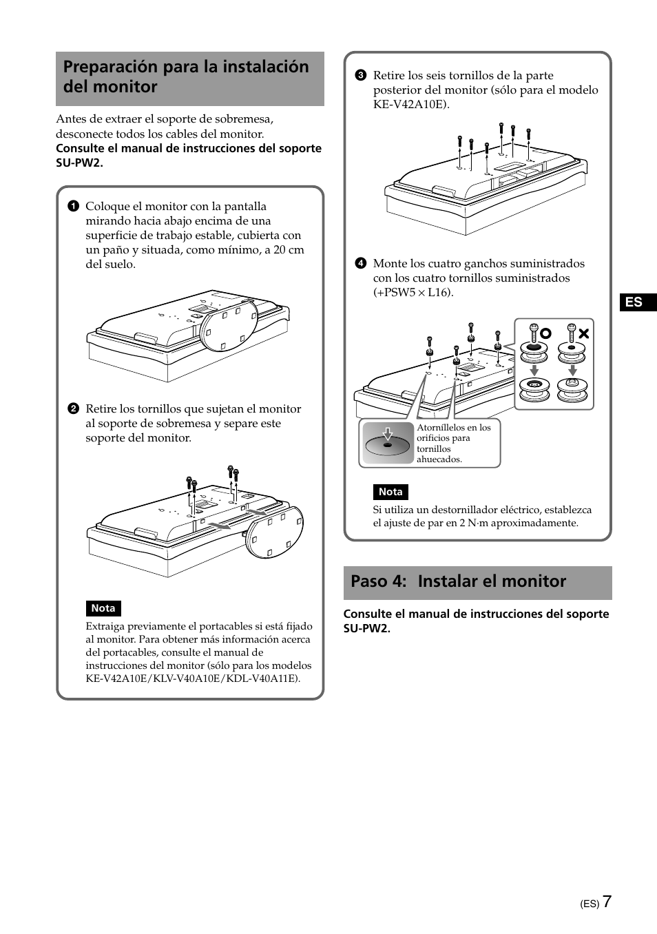 Paso 4: instalar el monitor, Preparación para la instalación del monitor | Sony SU-PW2 User Manual | Page 7 / 32
