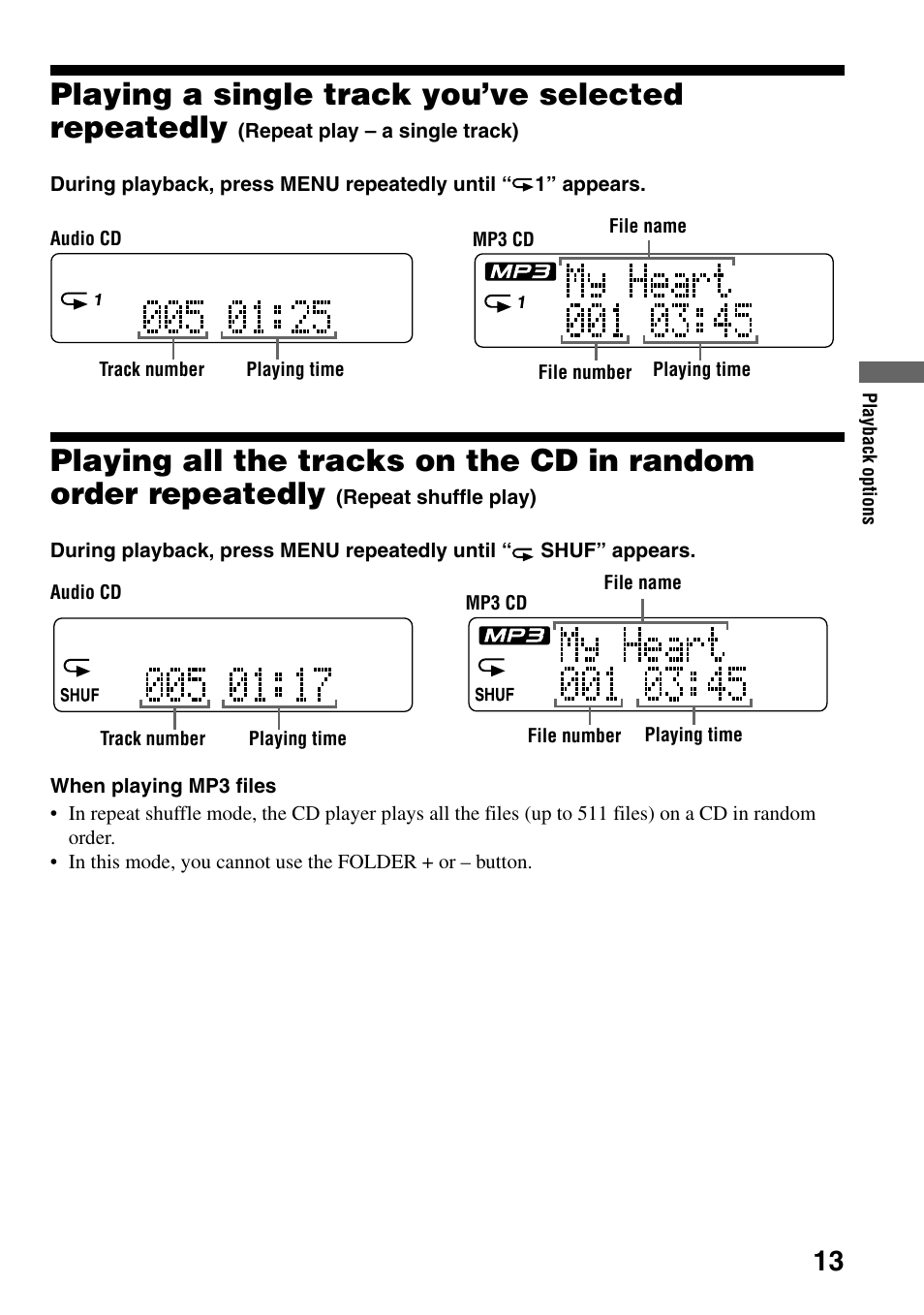 Playing all the tracks on the cd in random, Order repeatedly (repeat shuffle play), Playing a single track you’ve selected repeatedly | Sony D-CJ506CK User Manual | Page 13 / 32