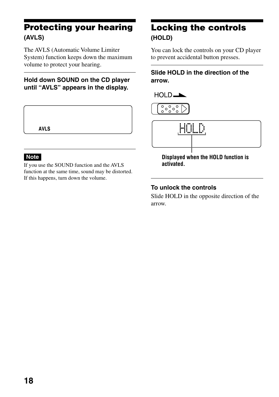Protecting your hearing (avls), Locking the controls (hold), 18 locking the controls | Protecting your hearing | Sony D-CJ506CK User Manual | Page 18 / 32