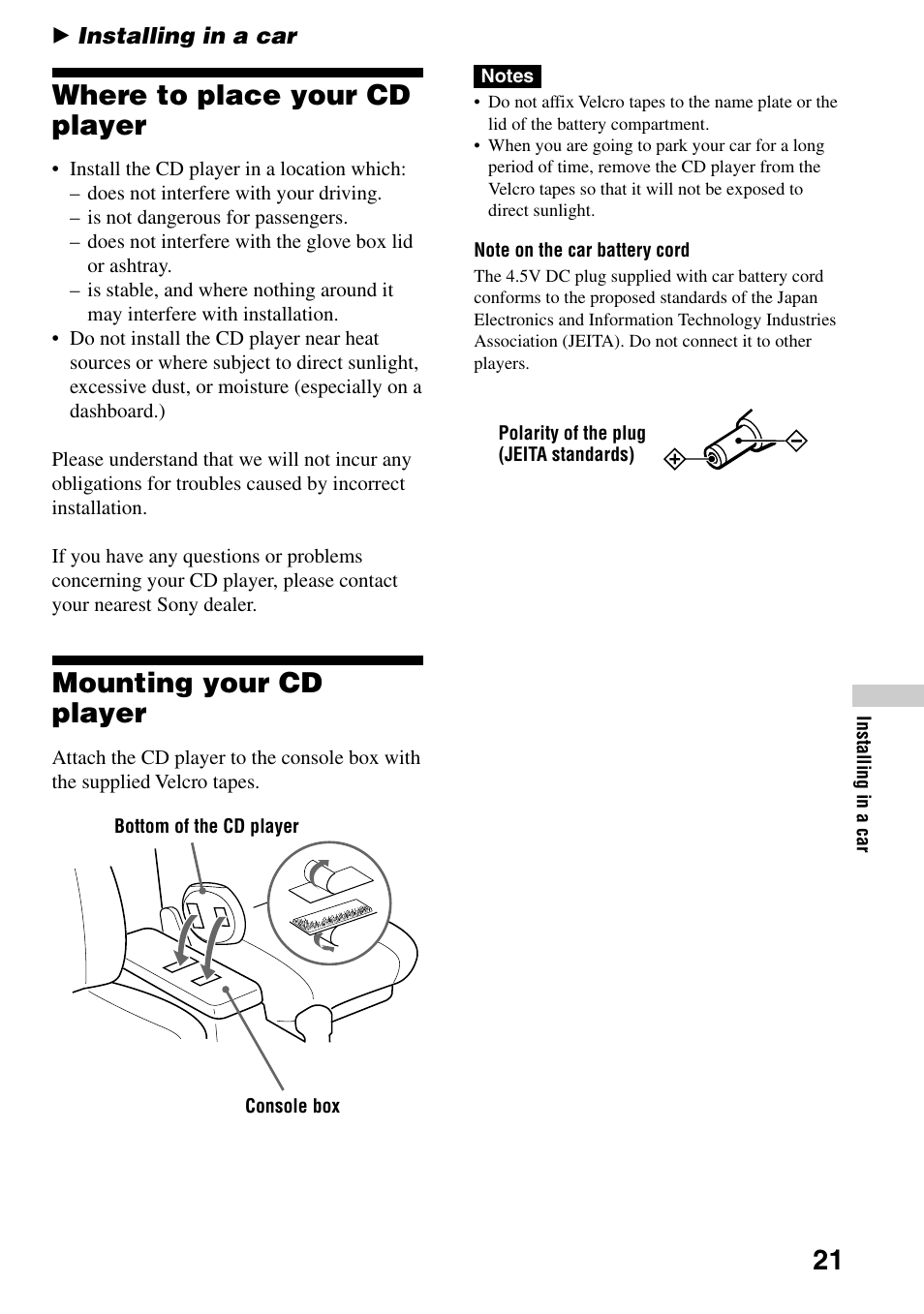 Installing in a car, Where to place your cd player, Mounting your cd player | Sony D-CJ506CK User Manual | Page 21 / 32