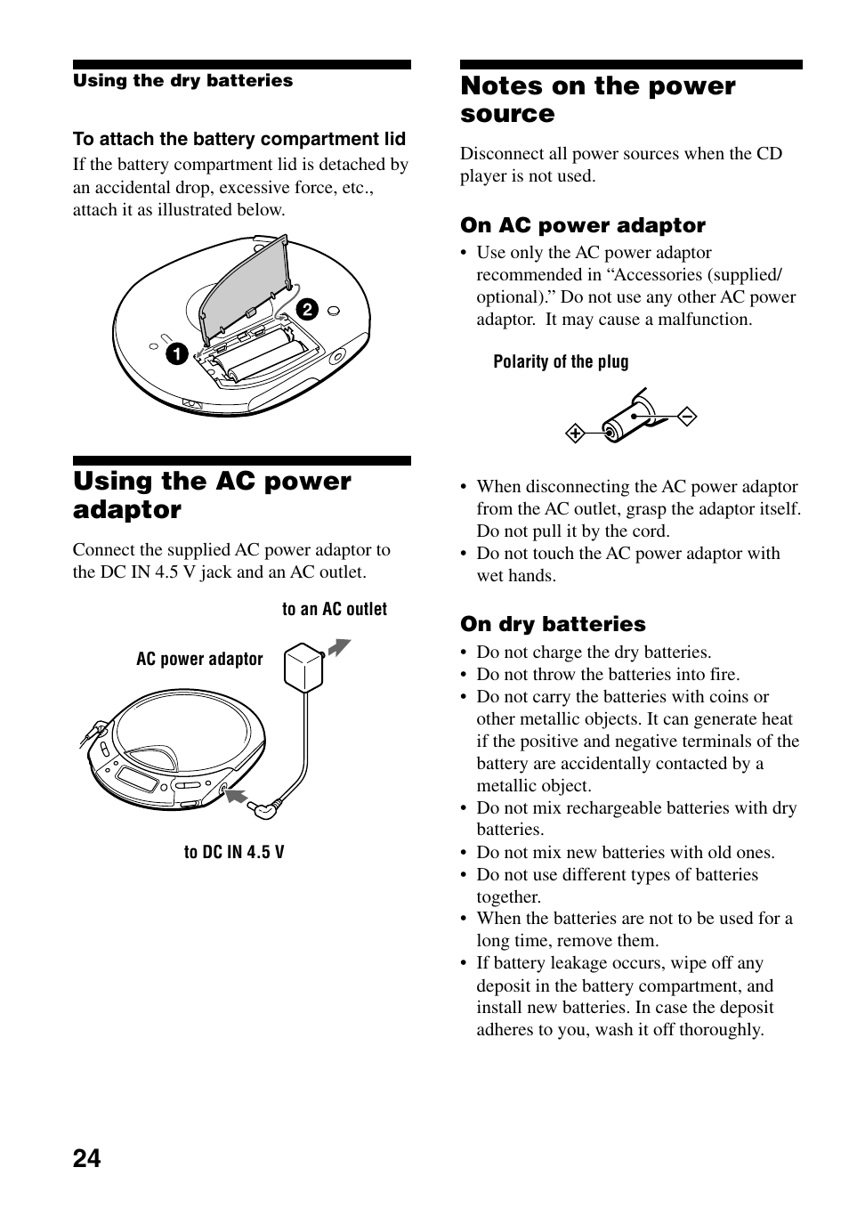 Using the ac power adaptor, Notes on the power source | Sony D-CJ506CK User Manual | Page 24 / 32