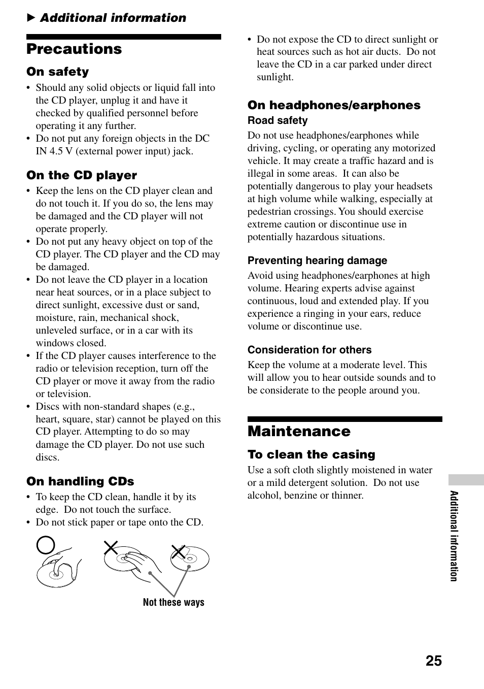 Additional information, Precautions, Maintenance | 25 precautions | Sony D-CJ506CK User Manual | Page 25 / 32