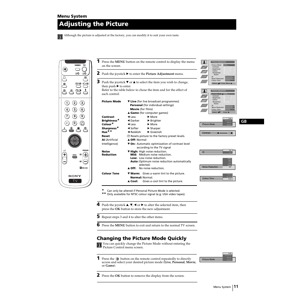 Adjusting the picture, Changing the picture mode quickly, 11 gb | Menu system | Sony Grand Wega KF-50SX100HK User Manual | Page 11 / 36