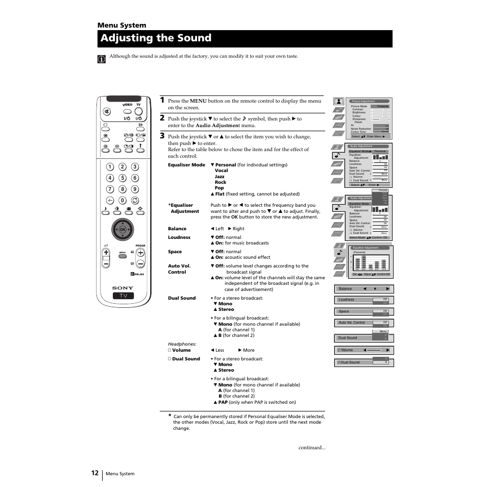 Adjusting the sound, Menu system | Sony Grand Wega KF-50SX100HK User Manual | Page 12 / 36