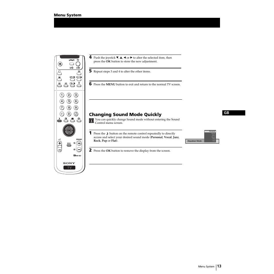 Changing sound mode quickly, 13 gb menu system | Sony Grand Wega KF-50SX100HK User Manual | Page 13 / 36