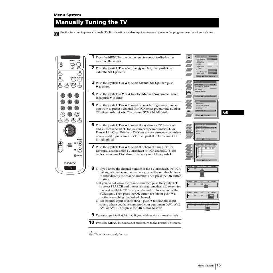 Manually tuning the tv, 15 gb, Menu system | Sony Grand Wega KF-50SX100HK User Manual | Page 15 / 36