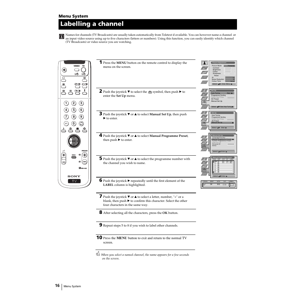 Labelling a channel, Menu system | Sony Grand Wega KF-50SX100HK User Manual | Page 16 / 36