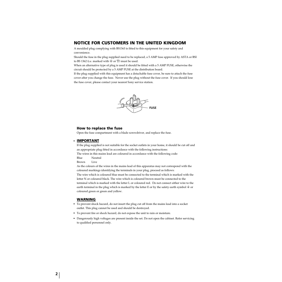 Notice for customers in the united kingdom | Sony Grand Wega KF-50SX100HK User Manual | Page 2 / 36