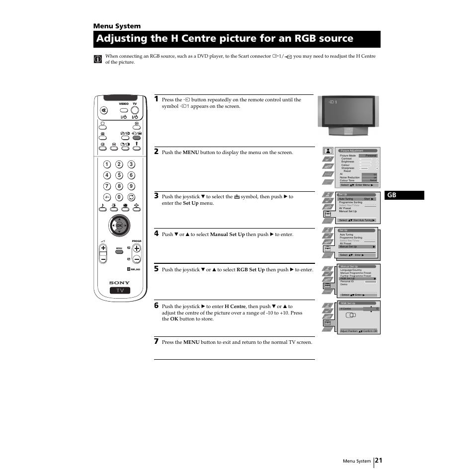 Adjusting the h centre picture for an rgb source, 21 gb, Menu system | Sony Grand Wega KF-50SX100HK User Manual | Page 21 / 36