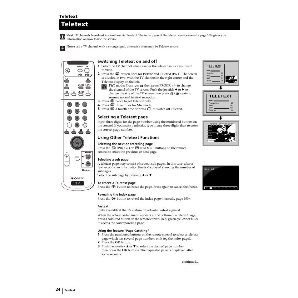 Teletext, Switching teletext on and off, Selecting a teletext page | Using other teletext functions | Sony Grand Wega KF-50SX100HK User Manual | Page 24 / 36