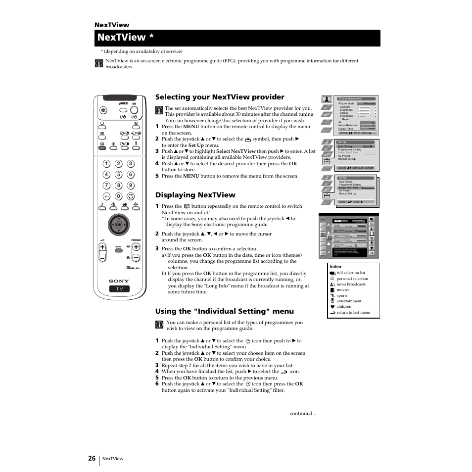 Selecting your nextview provider, Displaying nextview, Using the "individual setting" menu | Nextview | Sony Grand Wega KF-50SX100HK User Manual | Page 26 / 36