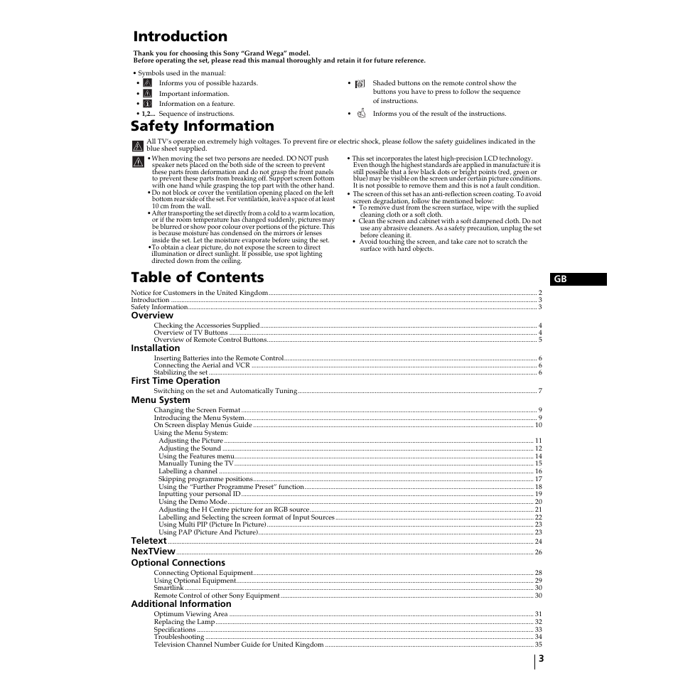 Sony Grand Wega KF-50SX100HK User Manual | Page 3 / 36