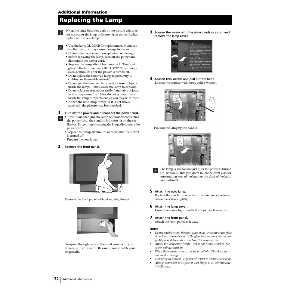 Replacing the lamp | Sony Grand Wega KF-50SX100HK User Manual | Page 32 / 36