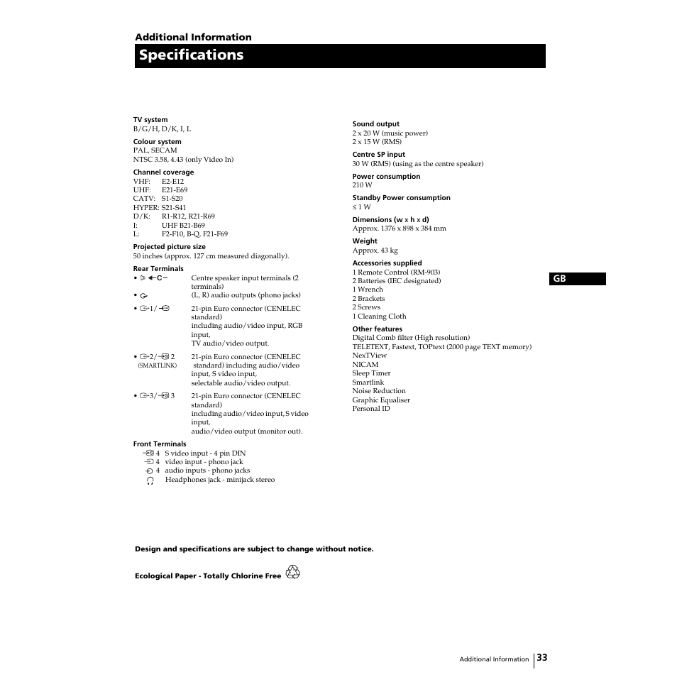 Specifications | Sony Grand Wega KF-50SX100HK User Manual | Page 33 / 36