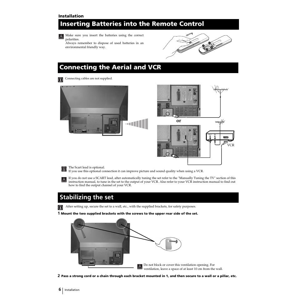 Inserting batteries into the remote control, Connecting the aerial and vcr, Stabilizing the set the set | Sony Grand Wega KF-50SX100HK User Manual | Page 6 / 36