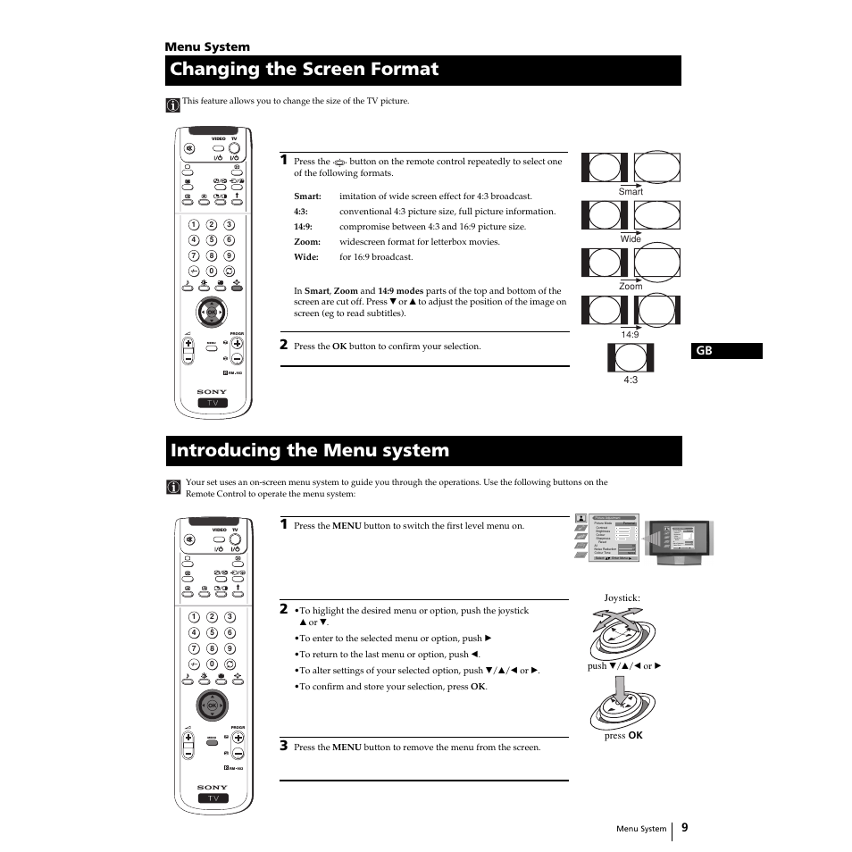 Changing the screen format, Introducing the menu system, Menu system | Sony Grand Wega KF-50SX100HK User Manual | Page 9 / 36